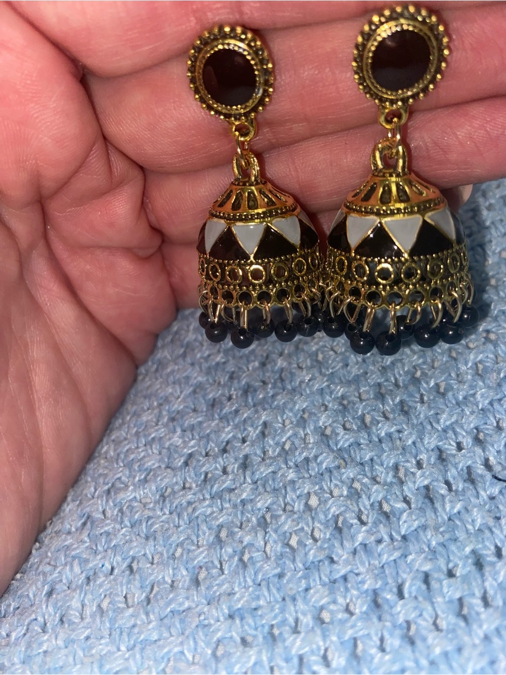 Artisan Gold and Black Enamel Jhumka Earrings